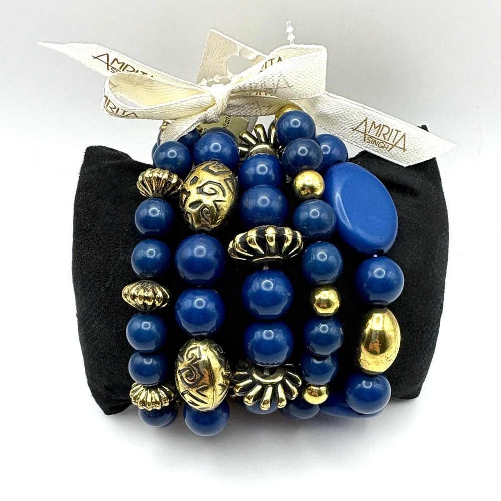 New Bangle Bangle by Amrita Singh Set of Five Navy Blue & Gold Stretch Bracelets